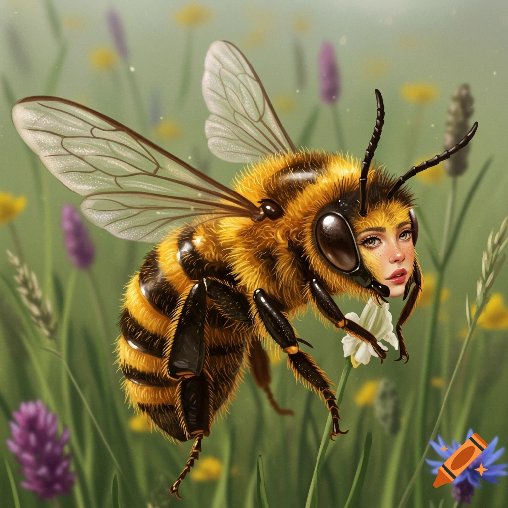 A fuzzy bee with a human woman's face hovers in a field of wildflowers, holding a small white flower.