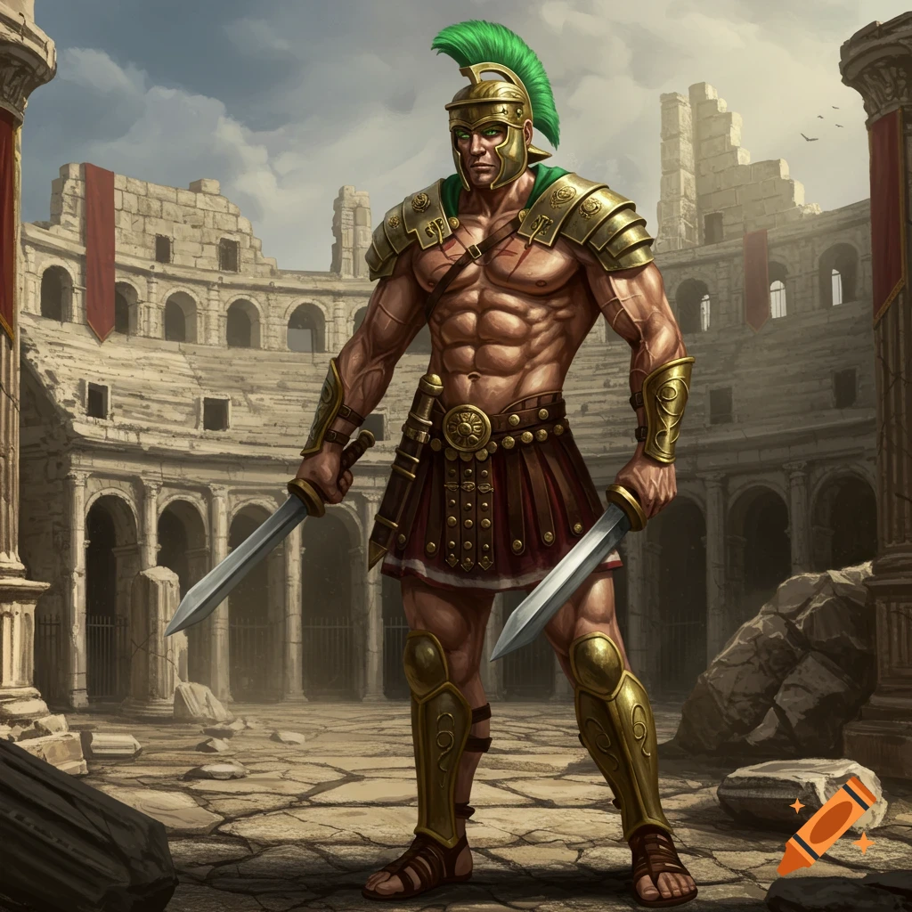 A muscular Roman soldier with green hair stands among ruins, holding swords.