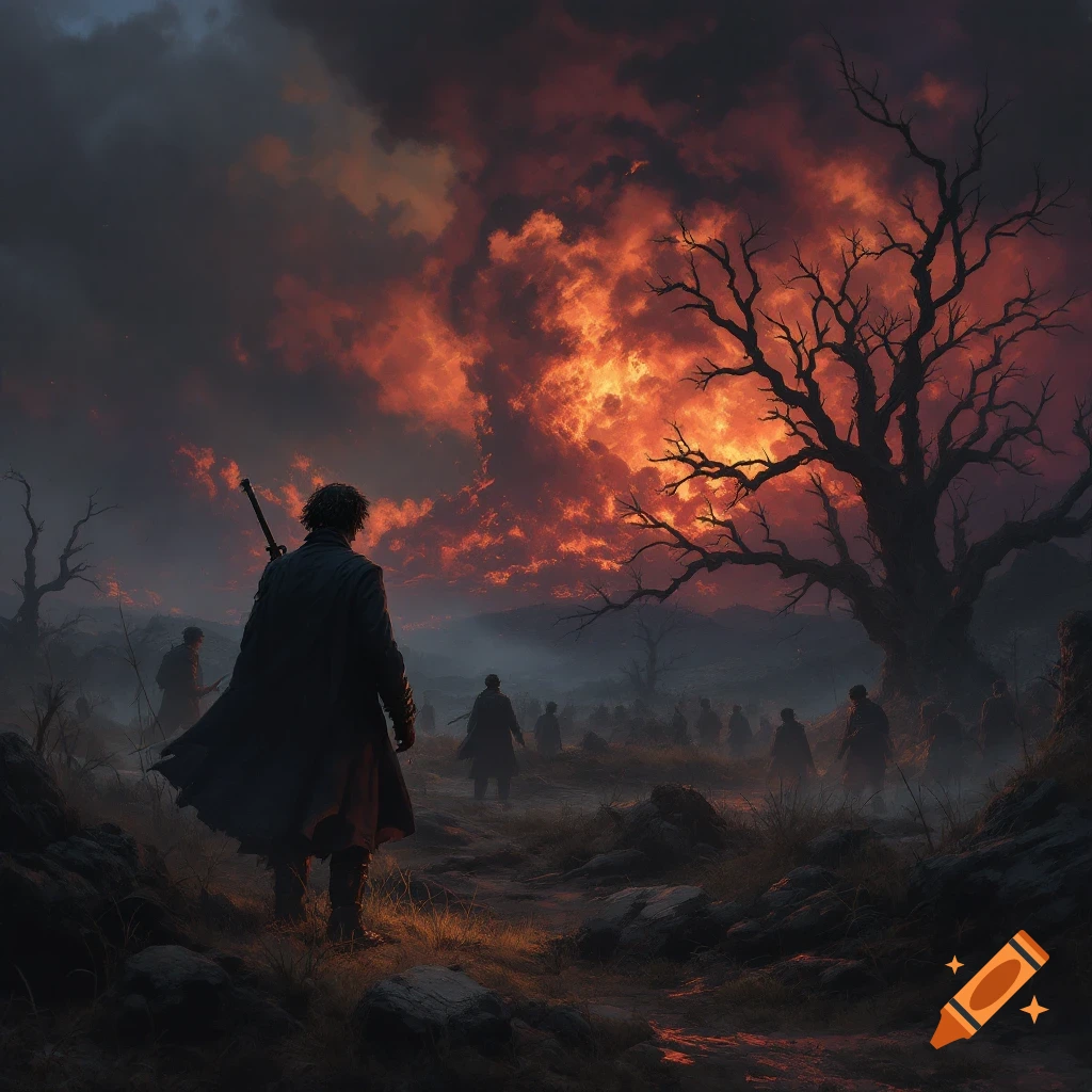 A lone figure looks out over a desolate landscape towards distant figures under a dramatic, fiery sky.