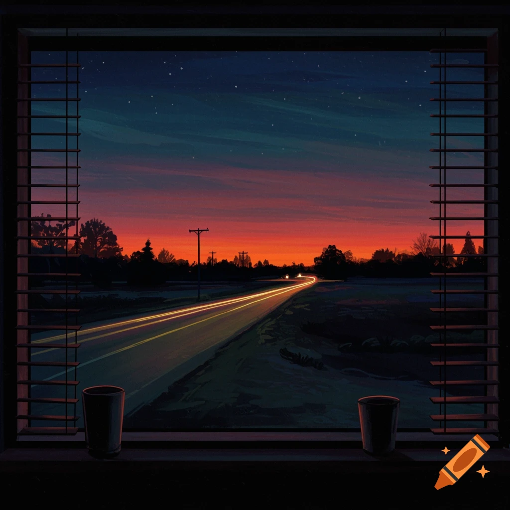 View from a window with blinds, showing a road at dusk with car lights.