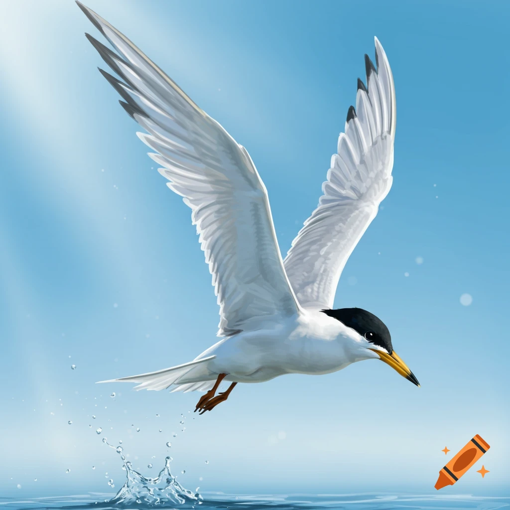 A tern diving over water