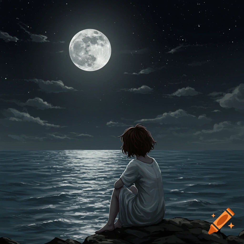 A person sits on rocks by the ocean at night, looking up at a large full moon reflected on the water.