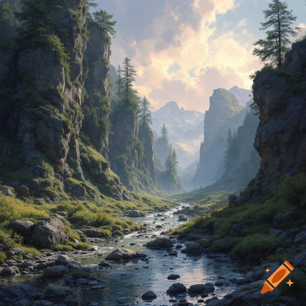 A river flows through a steep mountain valley under a dramatic sky.