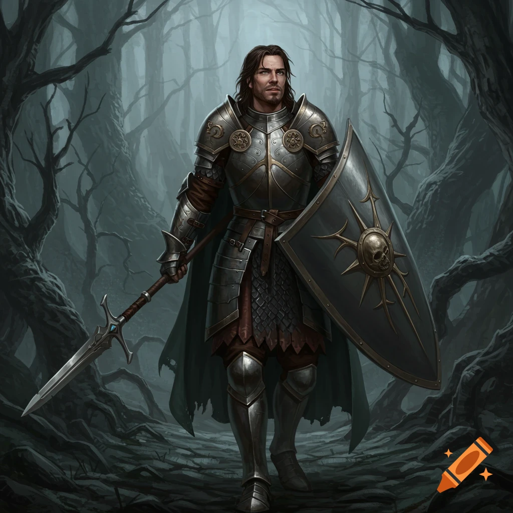 A human male knight in full armor with a spear and shield stands in a dark forest.