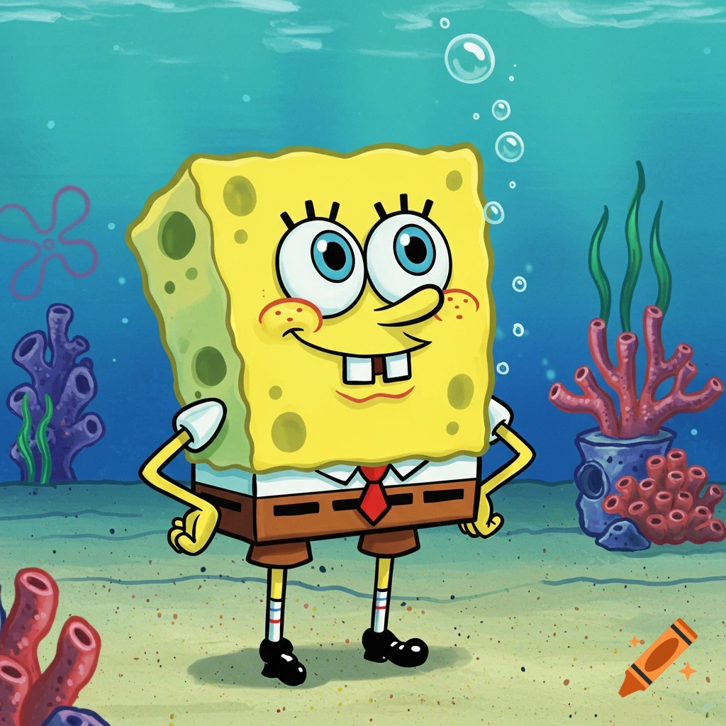 Spongebob Squarepants stands on the seabed, smiling, in the cartoon style.