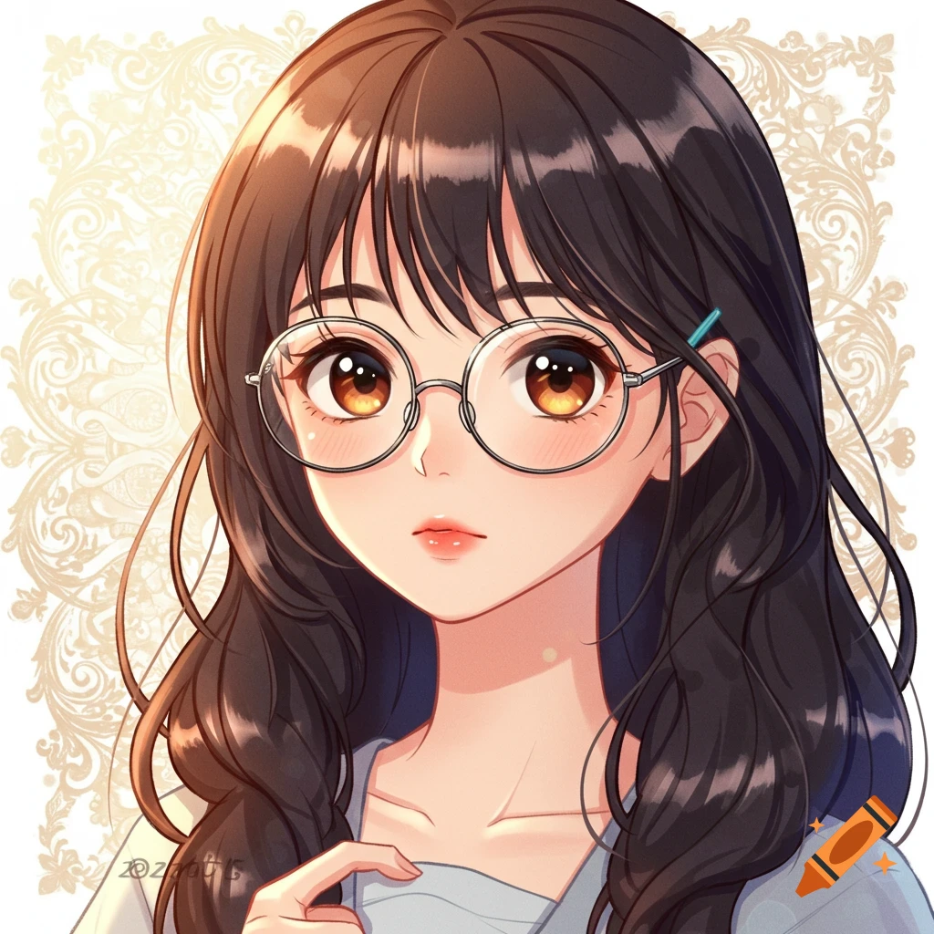 Shoujo anime portrait of a girl with glasses and long brown hair