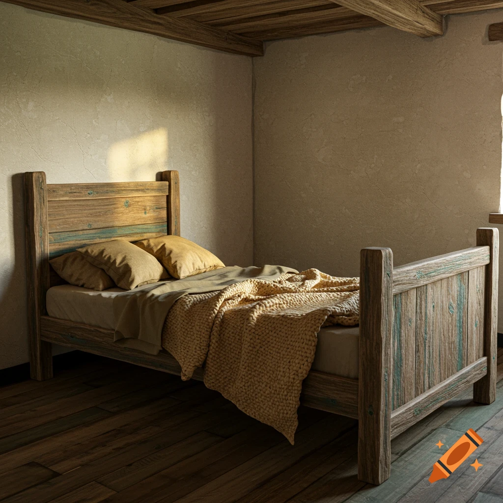 A rustic wooden bed with pillows and a blanket is in a room with textured walls.