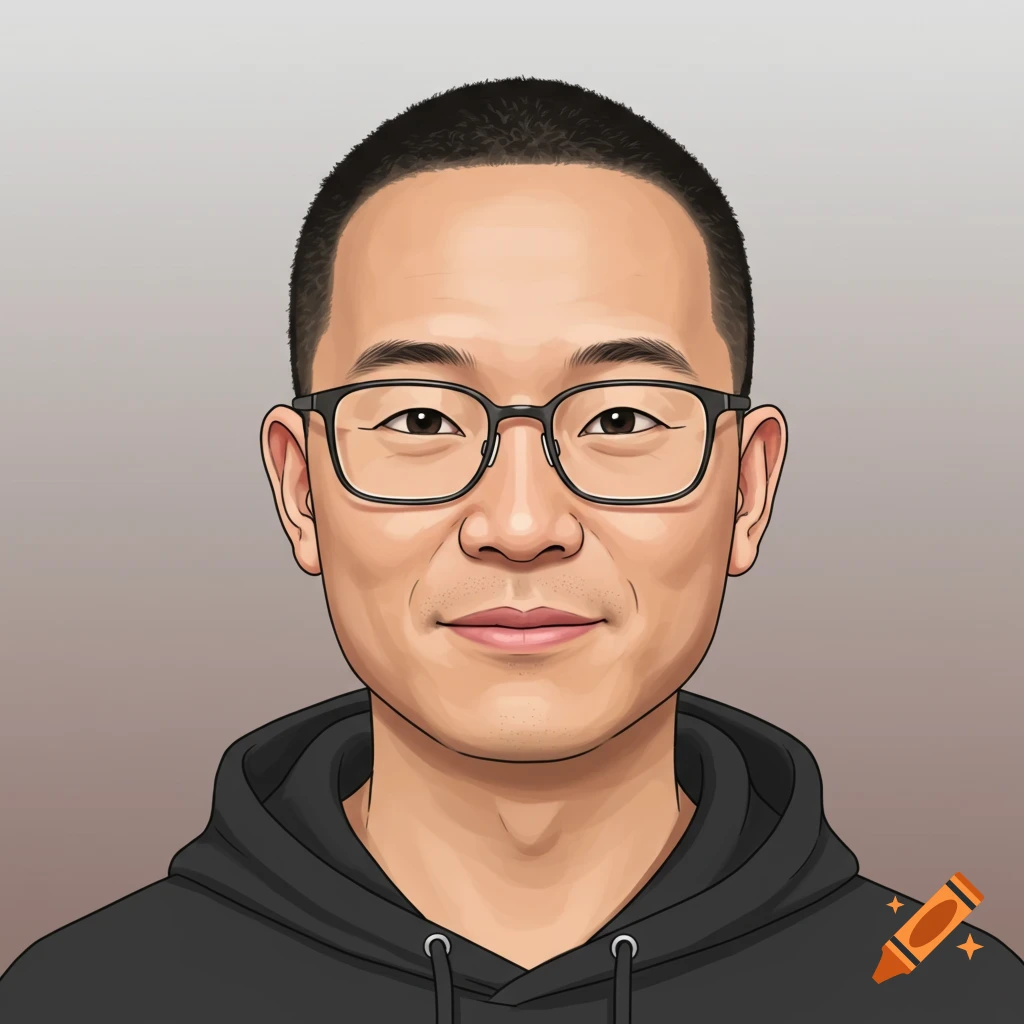 Cartoon style portrait of an Asian man wearing glasses and a hoodie.