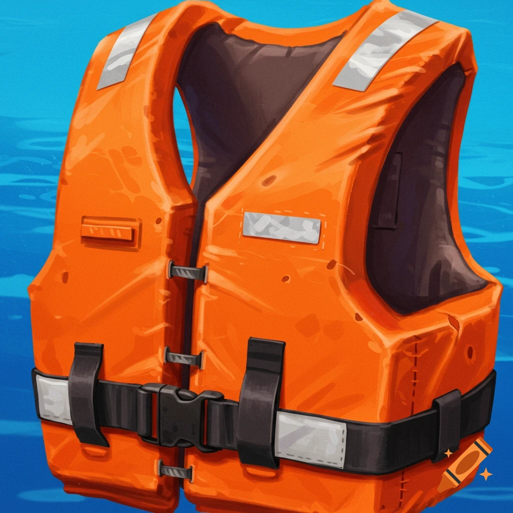 An orange lifejacket floats in blue water.