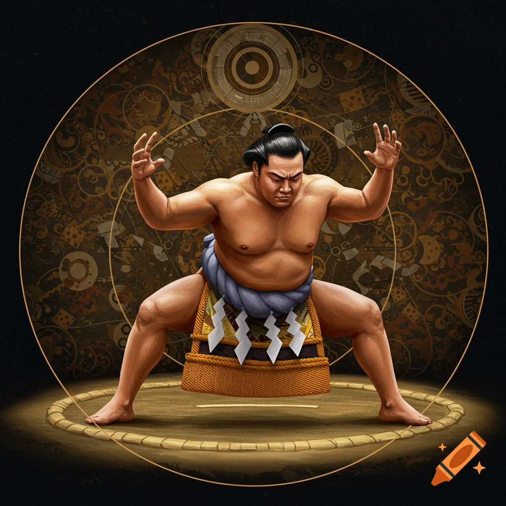 A sumo wrestler in a fighting stance in a ring with an ornate, mechanical circular background.