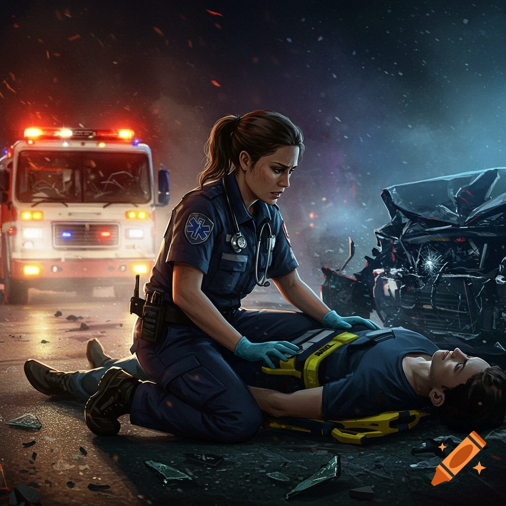 An EMT attends to an injured person at a car accident scene with an ambulance.