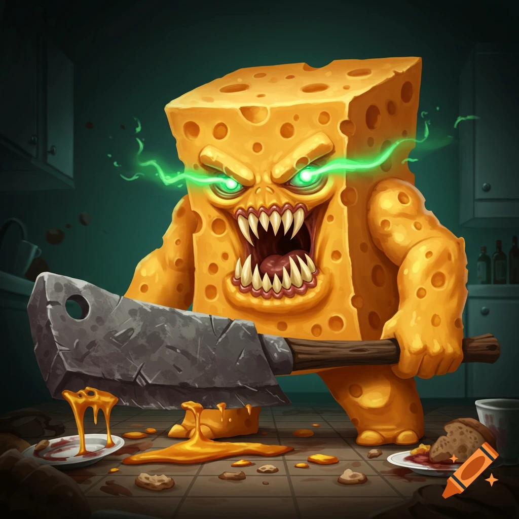 A monstrous block of cheese with glowing green eyes holds a meat cleaver in a kitchen.