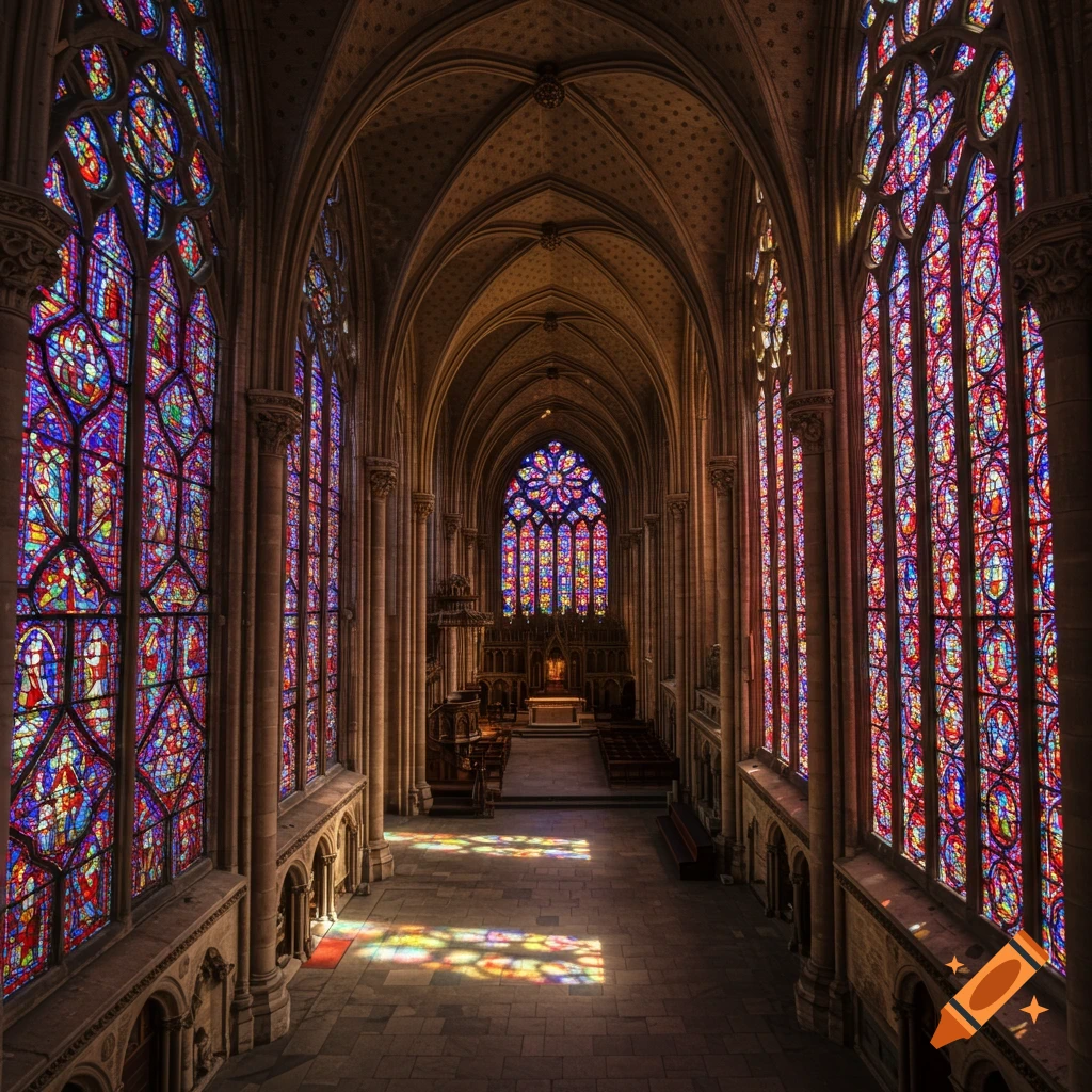 Interior view of a grand cathedral with colorful stained glass windows and sunlight streaming onto the stone floor.
