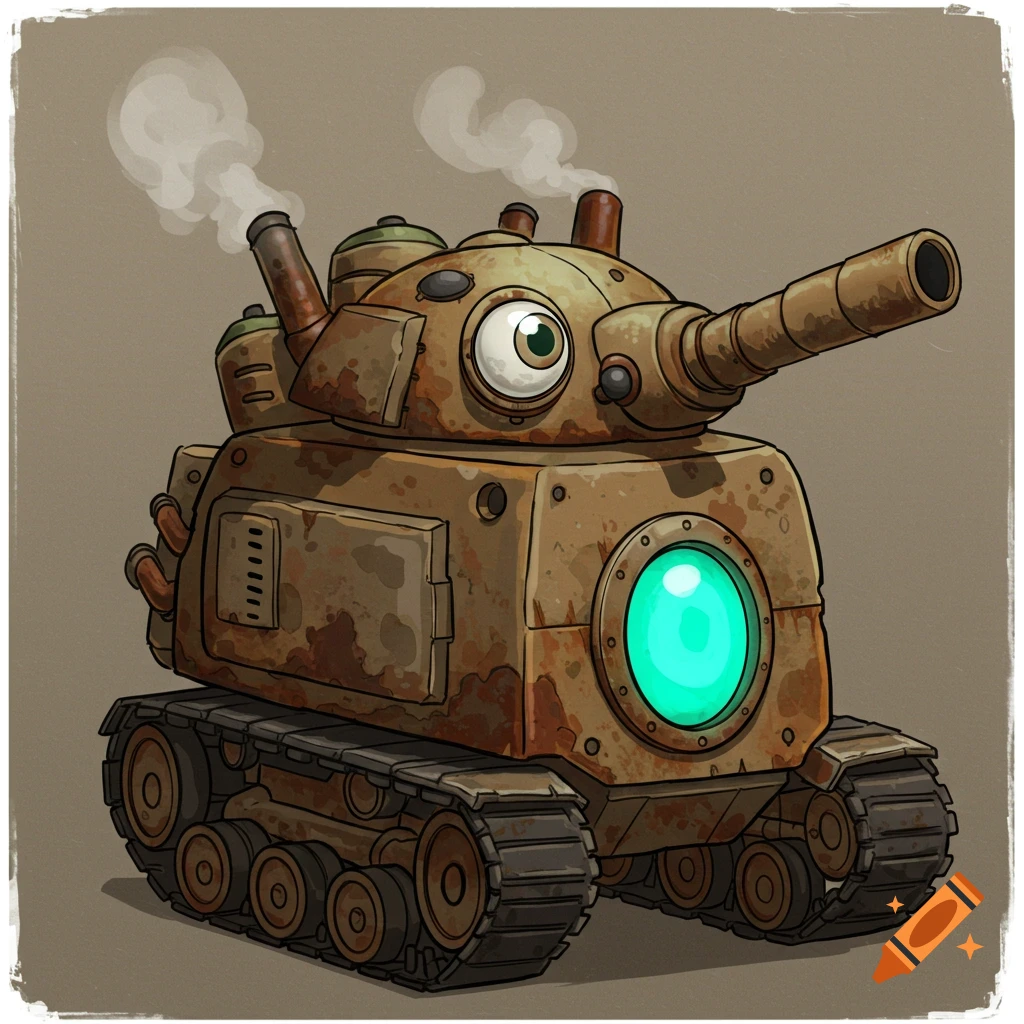 Cartoon illustration of a rusty robot tank with a googly eye and a glowing turquoise chest orb, puffing steam.