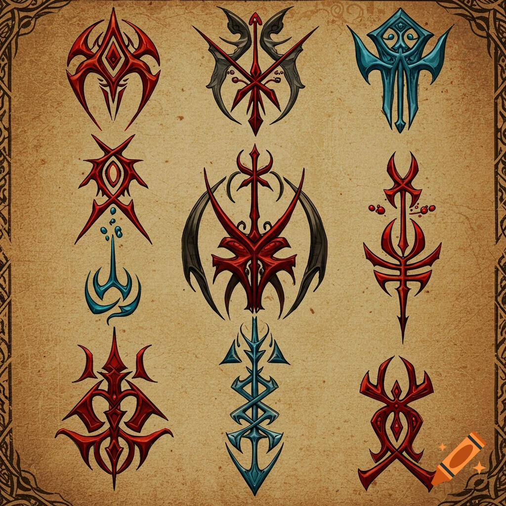 A grid of nine stylized red and blue fantasy glyphs or sigils on a textured brown background with a decorative border.