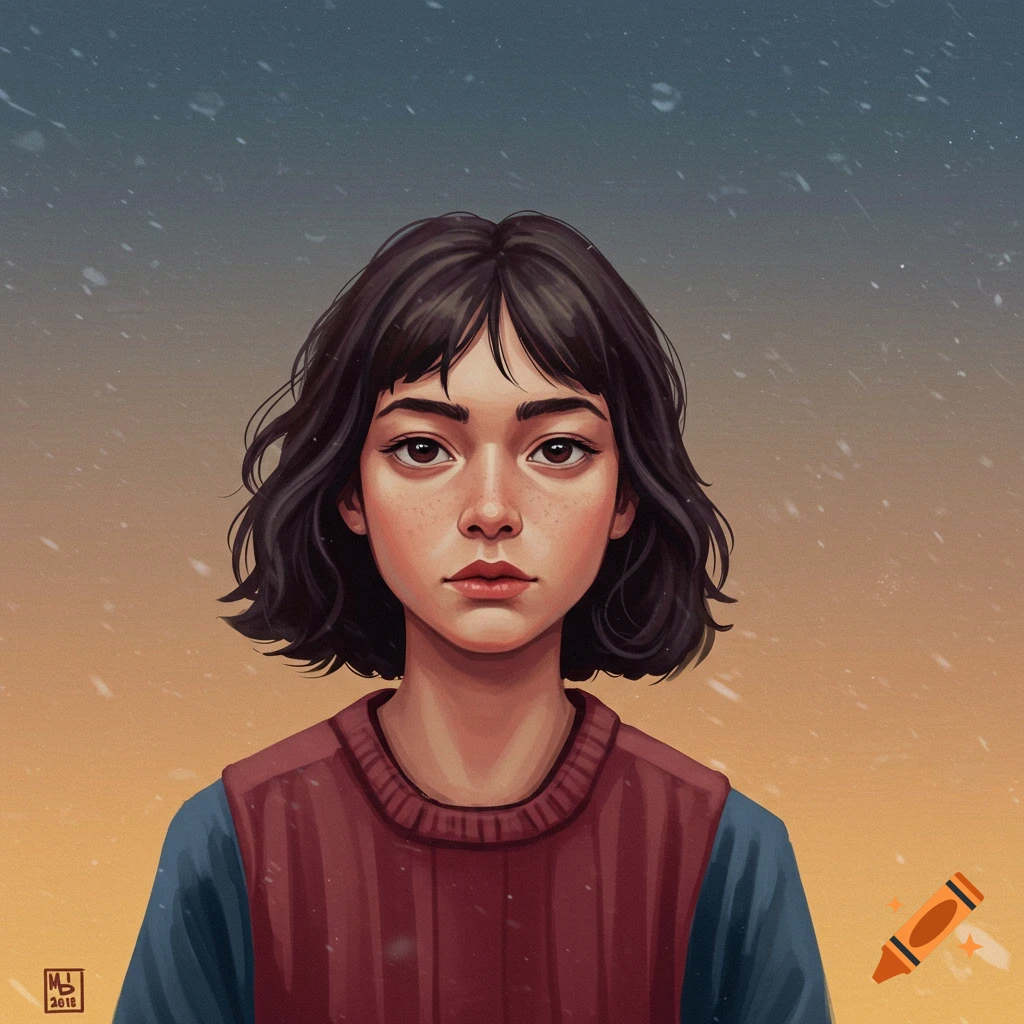 Portrait of a young person with short dark hair and freckles, wearing a red sweater in the snow.