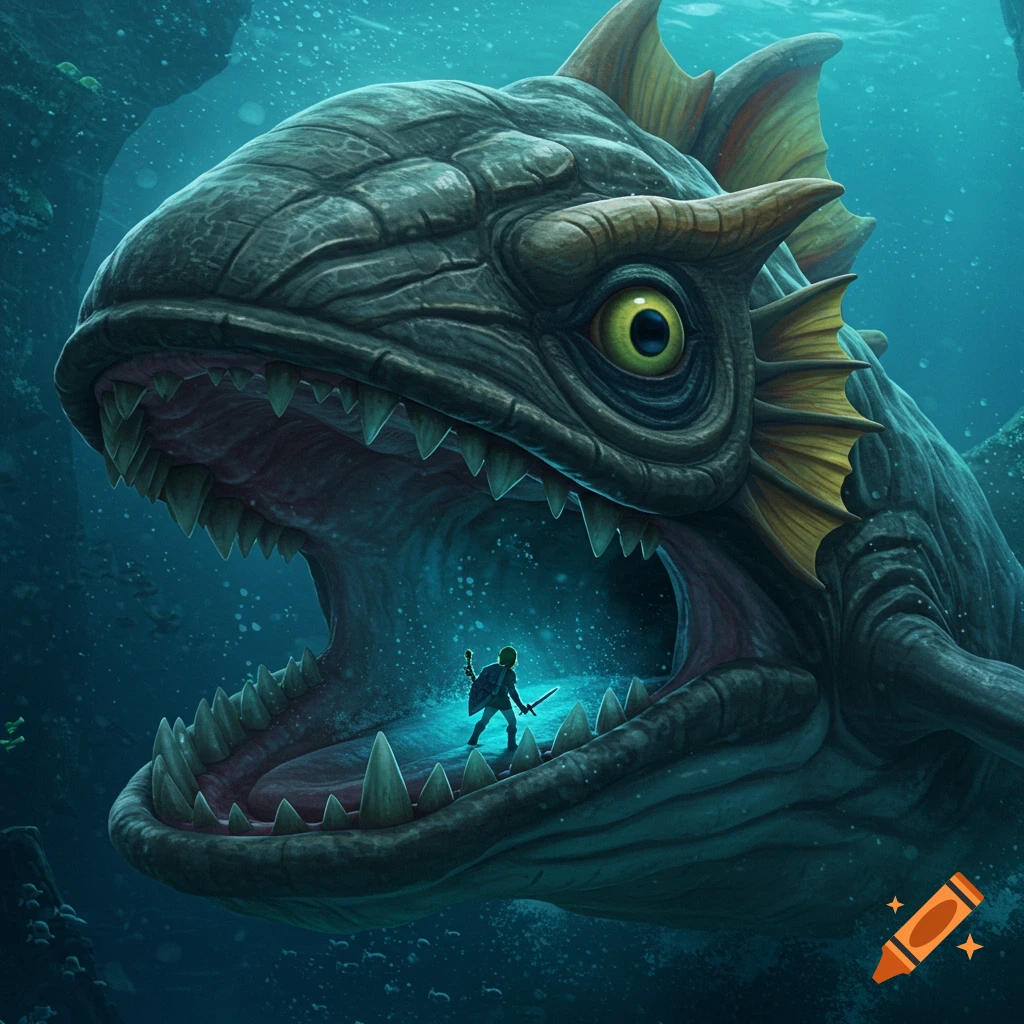 Small character stands inside the open mouth of a giant monster fish underwater, fantasy art.