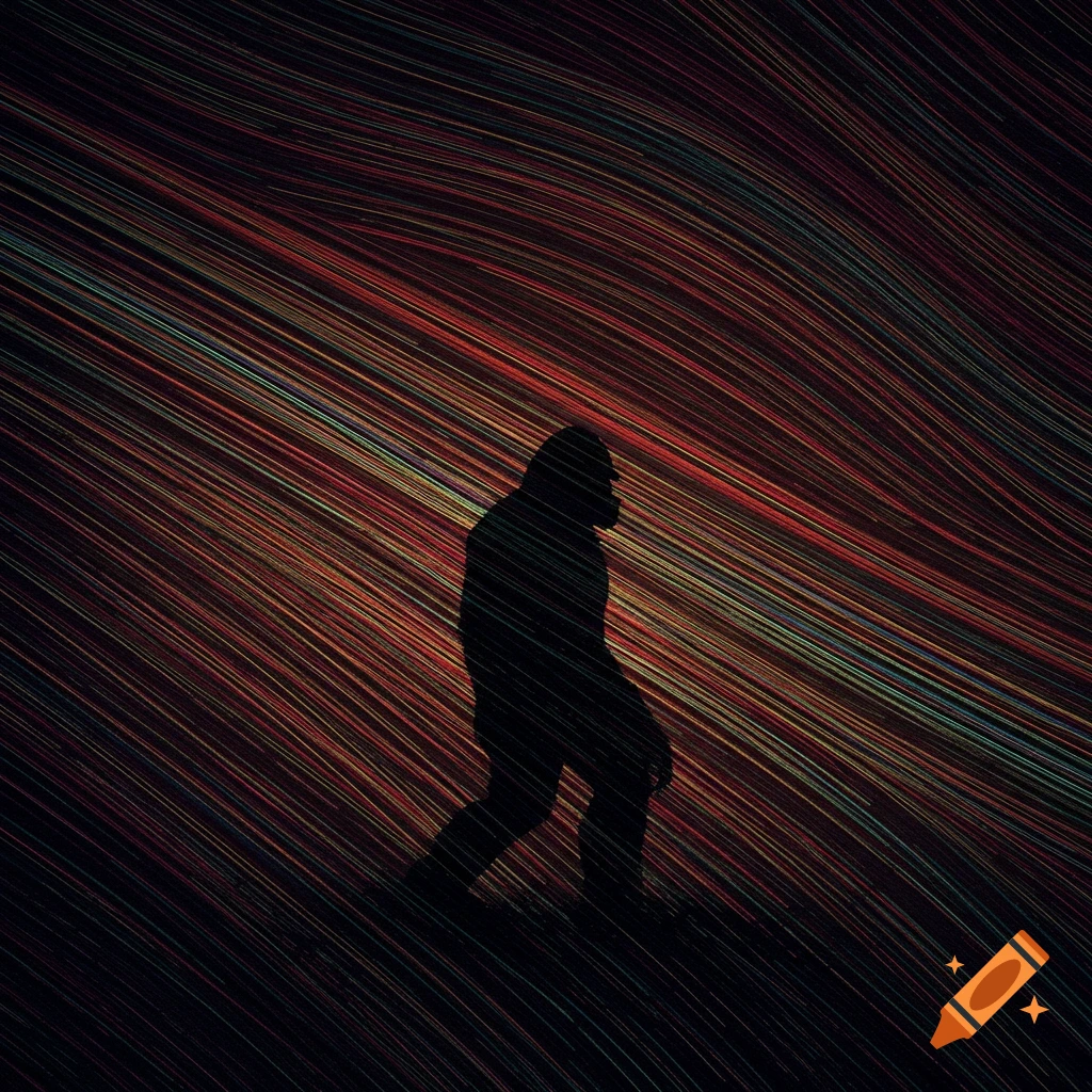 Bigfoot silhouette walks against a background of colorful, wavy lines.