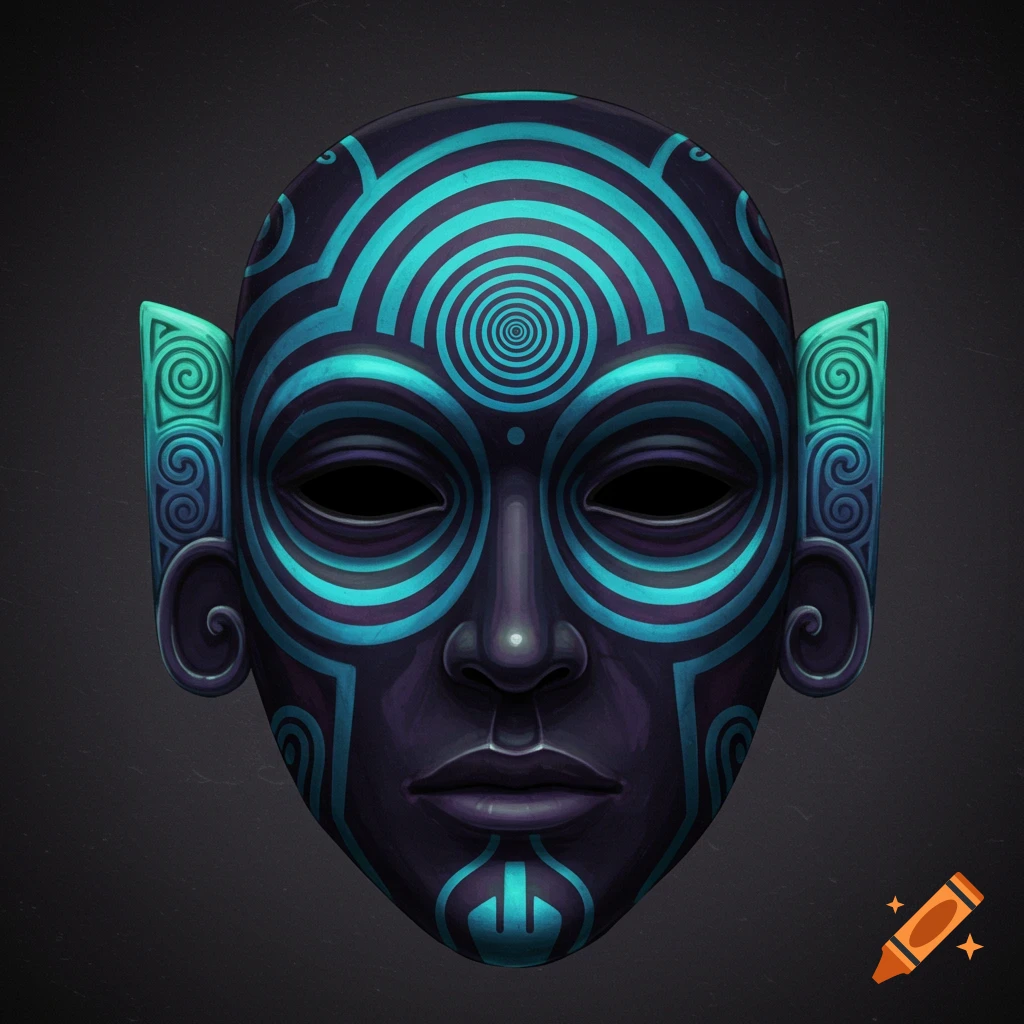 A dark mask with glowing blue geometric patterns, including concentric circles.