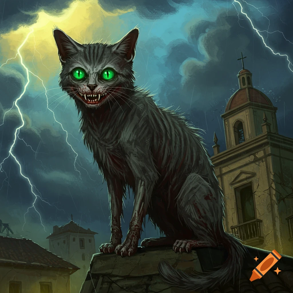 A cute black cat with glowing green eyes stands in a dark alley under a ...