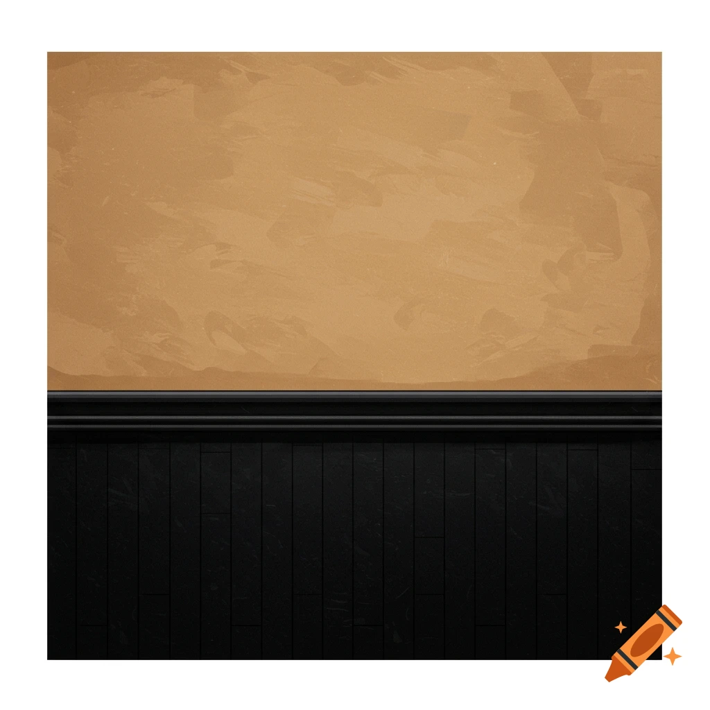 A wall with tan textured top half and black paneling on the bottom half.