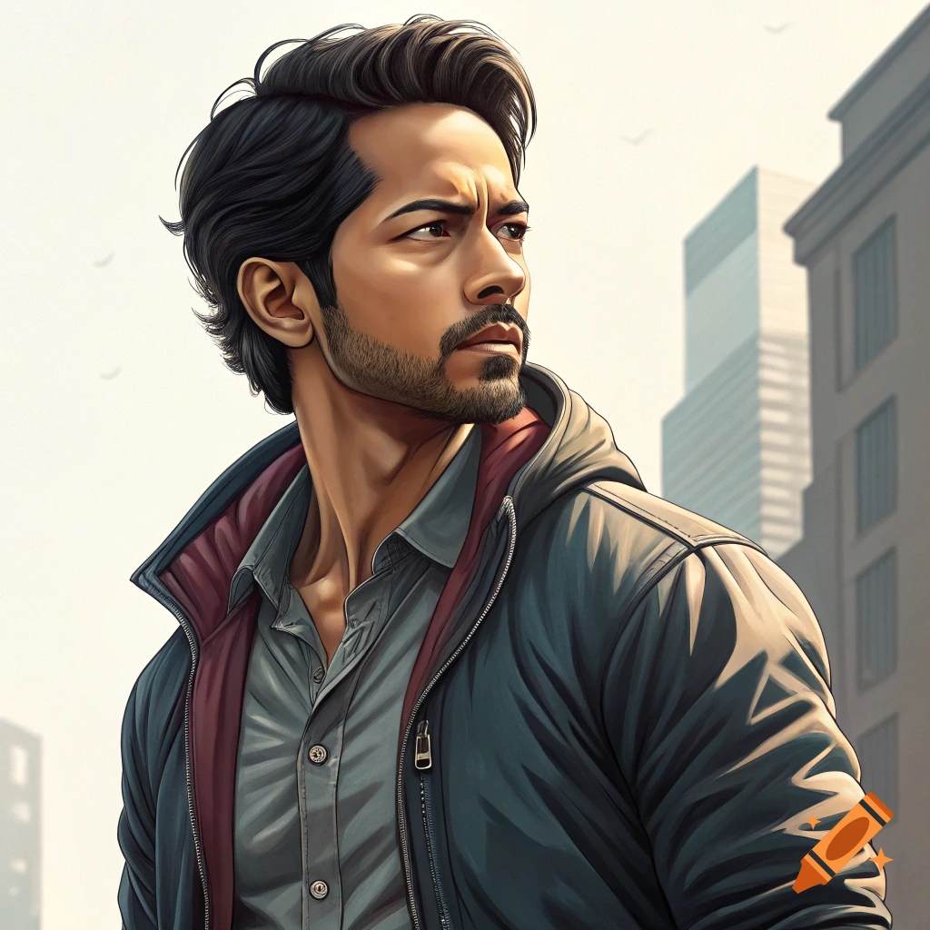 Stylized illustration of a man in a jacket looking right in a city.