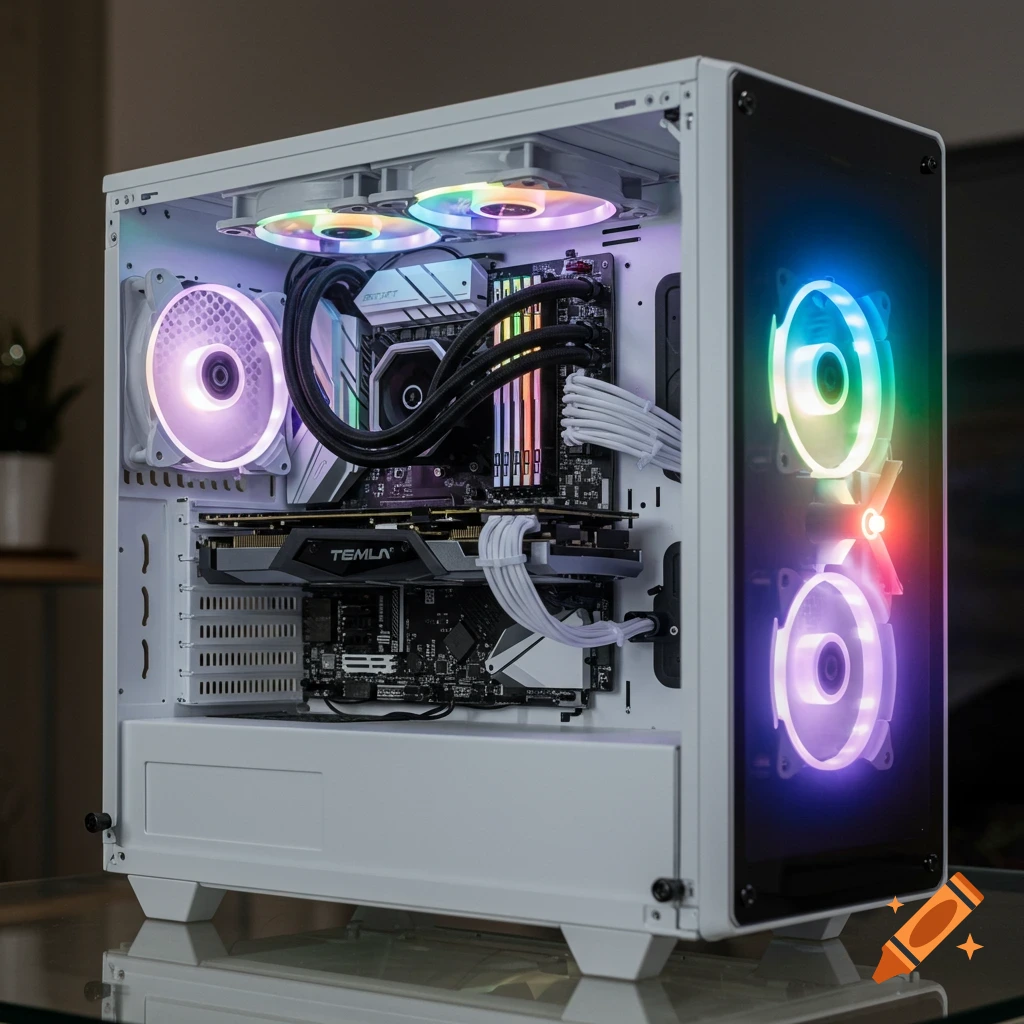 A white computer case with the side panel off, showing the internal PC components illuminated with rainbow RGB lighting.