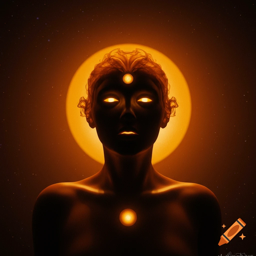 Silhouetted figure with glowing eyes and energy points against a large orange sphere in space.