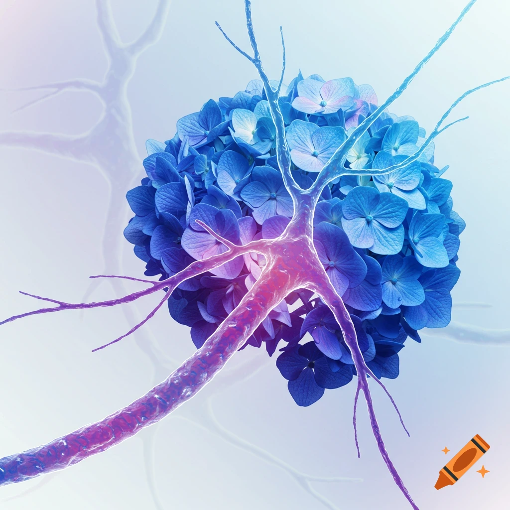 A neuron structure intertwined with blue hydrangea flowers