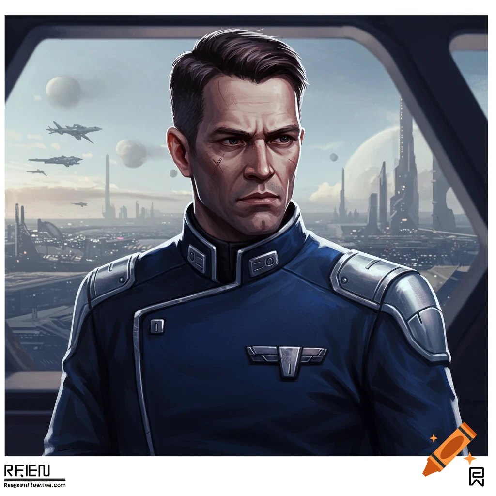 Image of a male sci-fi officer looking out at a futuristic city with spaceships.