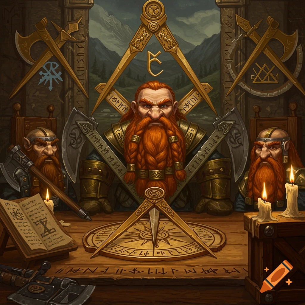 Three dwarves surrounded by masonic-like symbols, axes, runes, and candles.