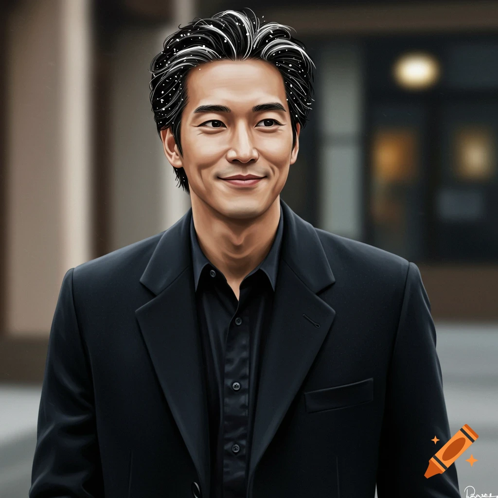 A handsome man with black hair and white strands smiling in a suit.