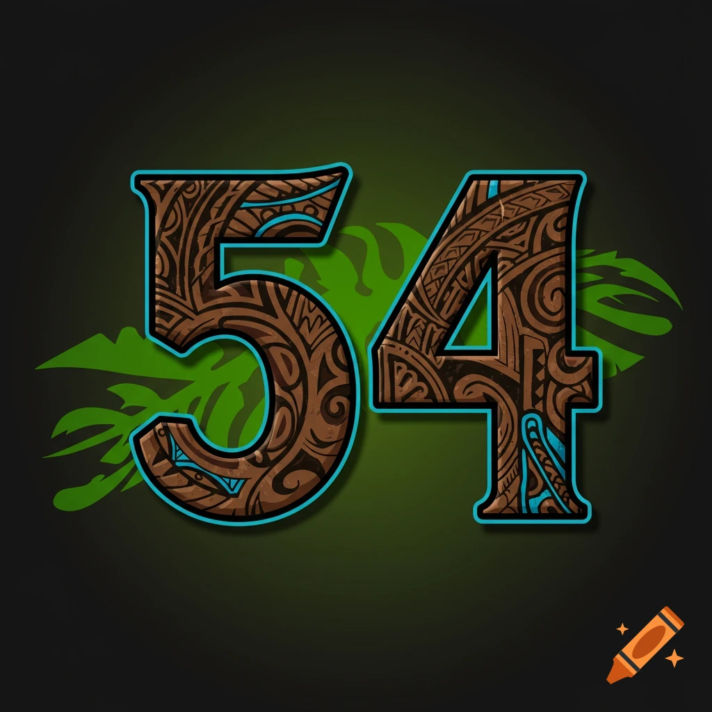 Number 54 with brown Samoan tribal design and blue outline on dark background with green leaves.