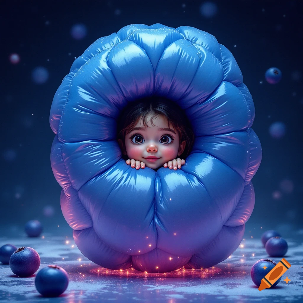 Child's head and hands peeking out of a large blue puffy blueberry shape, surrounded by blueberries and sparks on a wet surface, photorealistic.