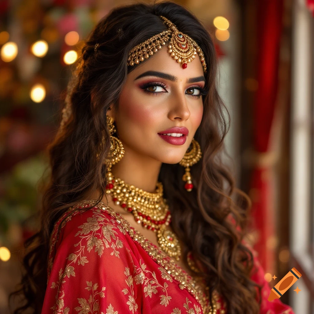 Portrait of a woman in traditional Indian clothing and gold jewelry