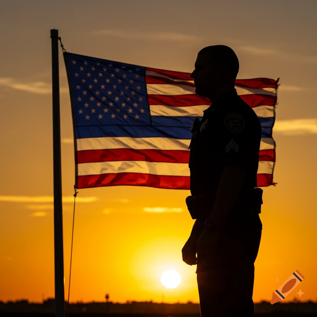 Silhouette of a police officer standing before an American flag with a thin blue line at sunset.