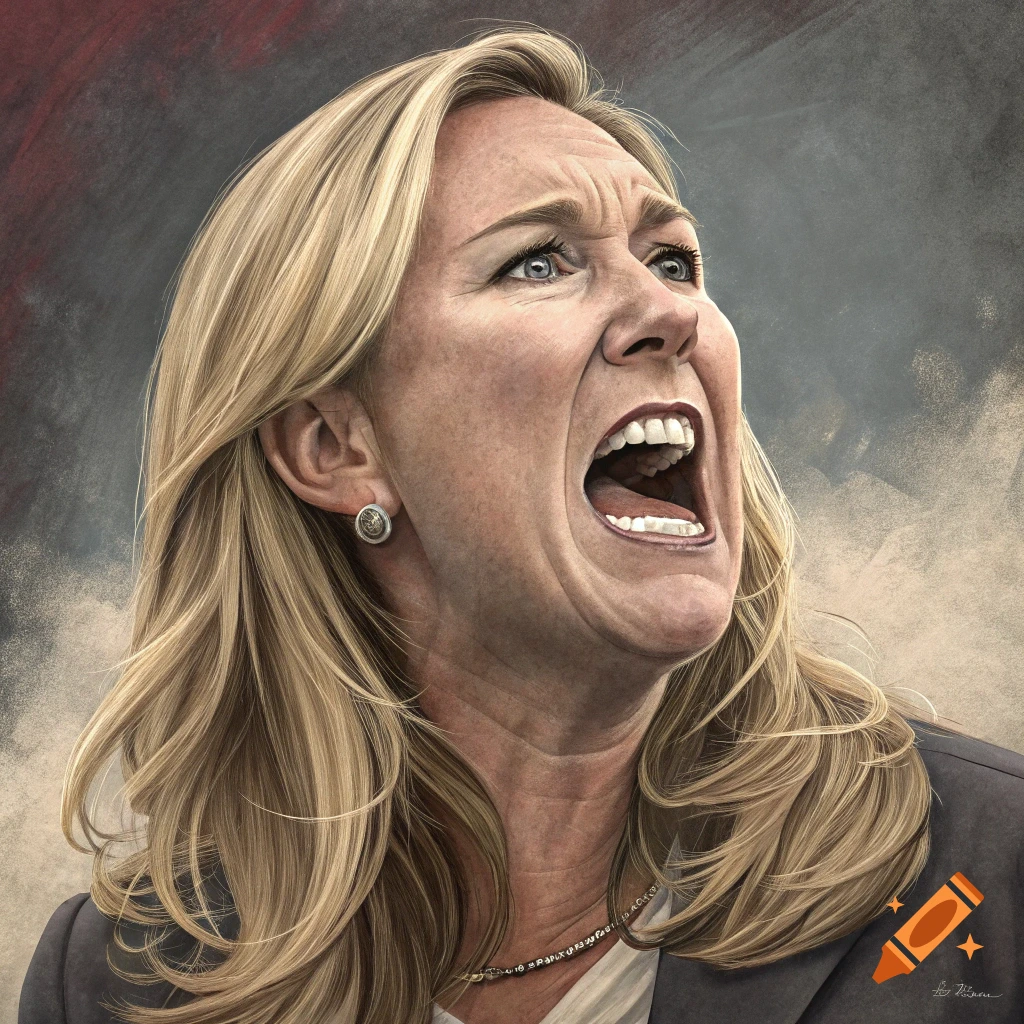Realistic illustration of a blond woman screaming intensely, looking upwards.