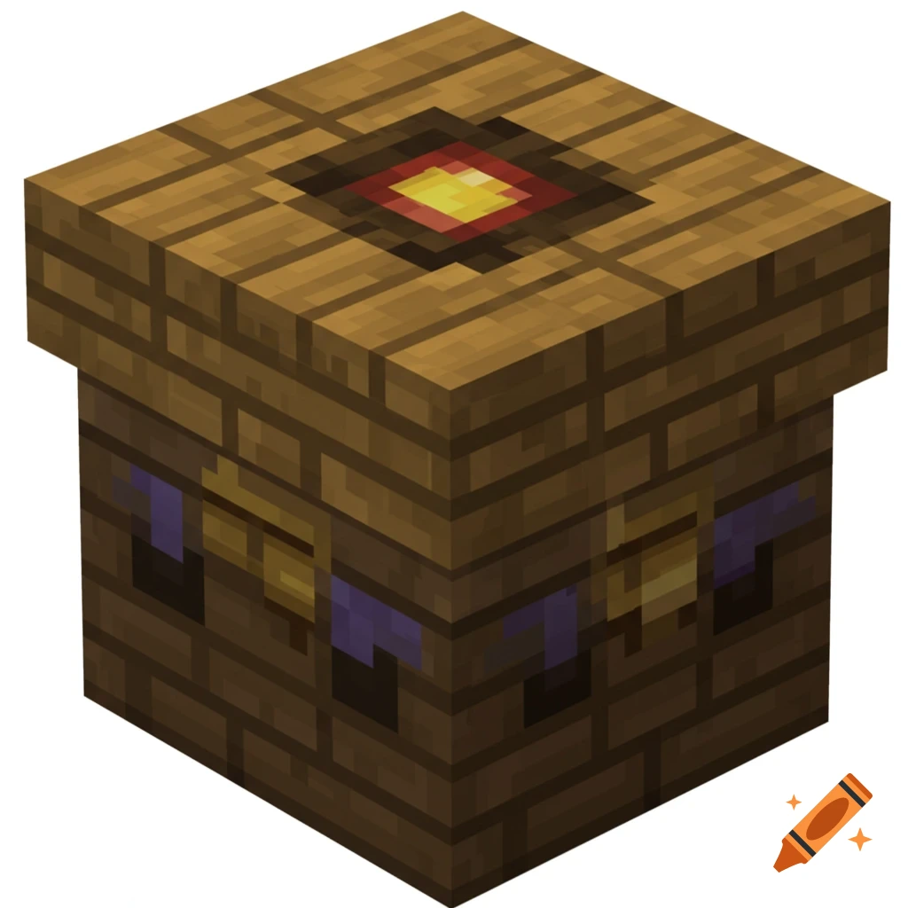 A pixelated Minecraft-style block with wood textures, purple and gold details, and a glowing center top.