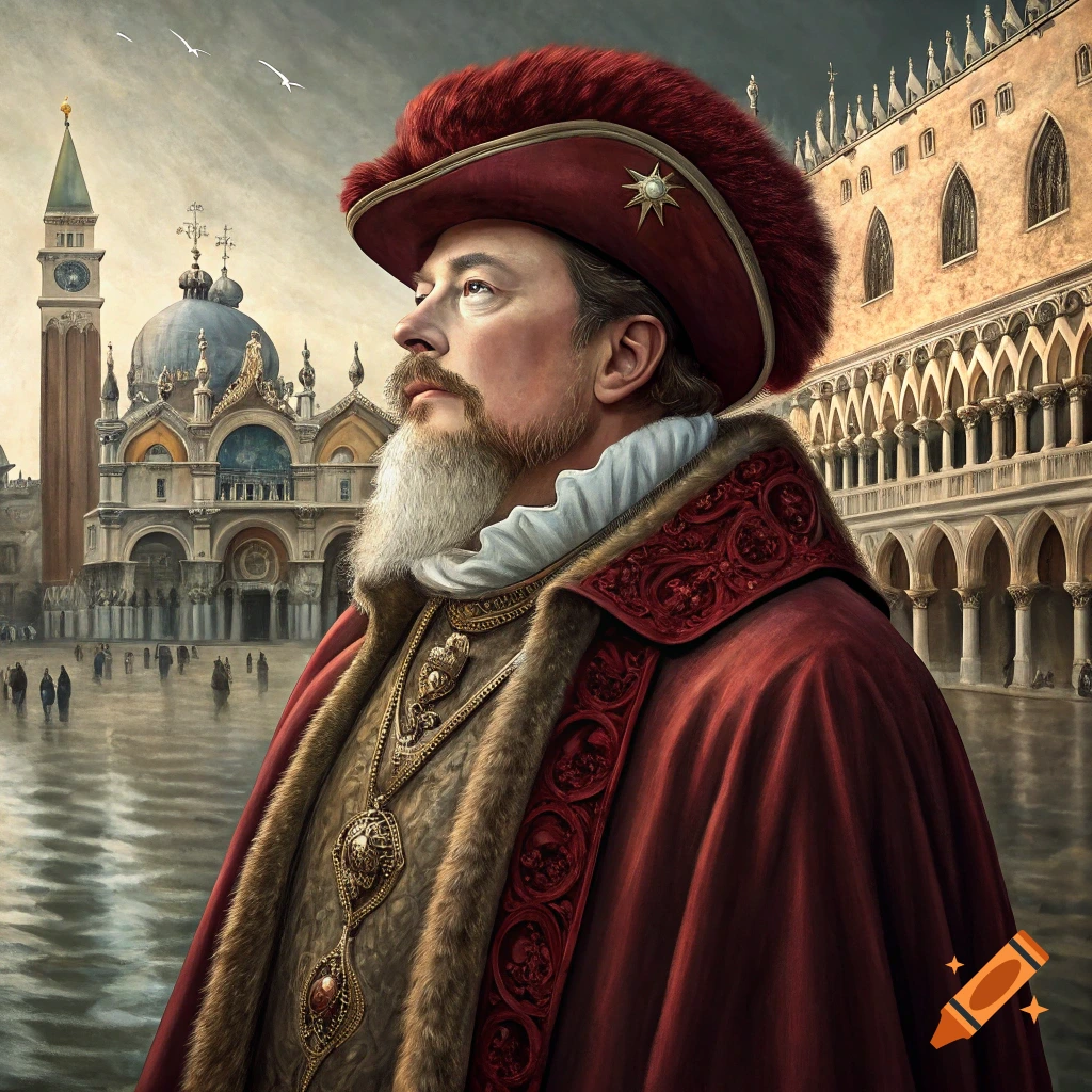 A portrait of a man resembling Elon Musk in historical Venetian doge attire stands in St. Mark's Square.