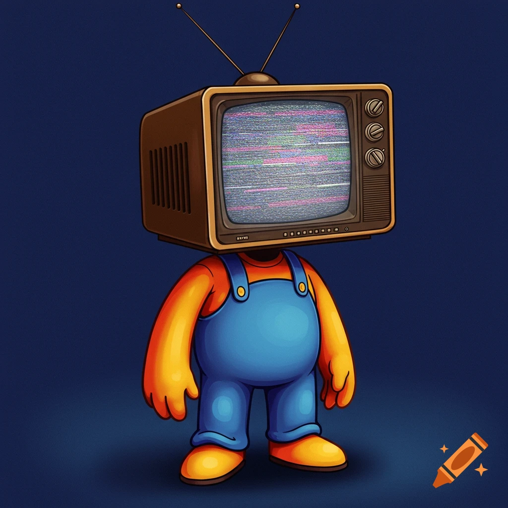 A cartoon character with an old TV for a head, wearing blue overalls.