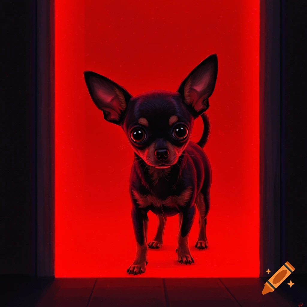 A black chihuahua stands in a doorway, illuminated by red light.