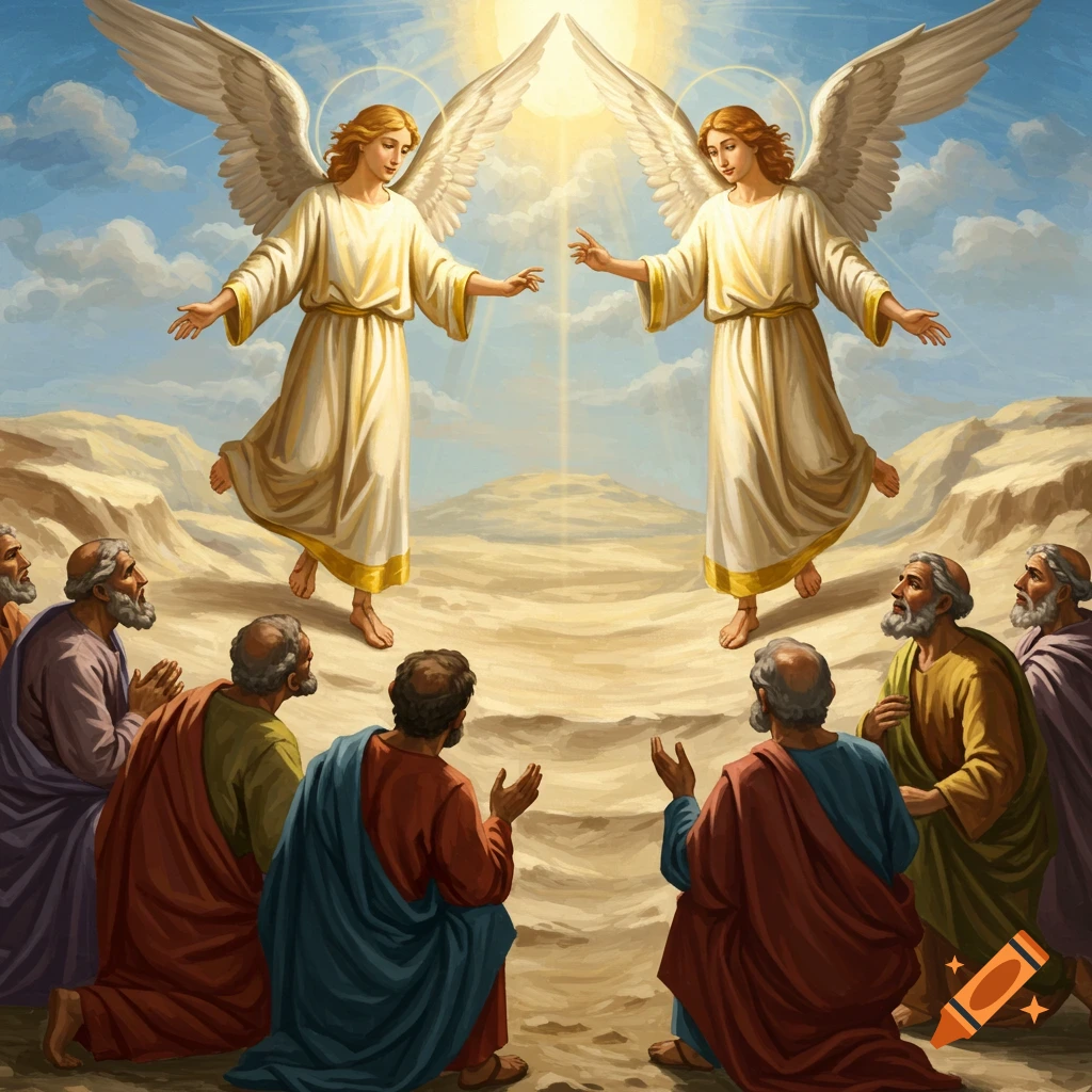 Two angels in white robes descend above kneeling apostles in a desert landscape.