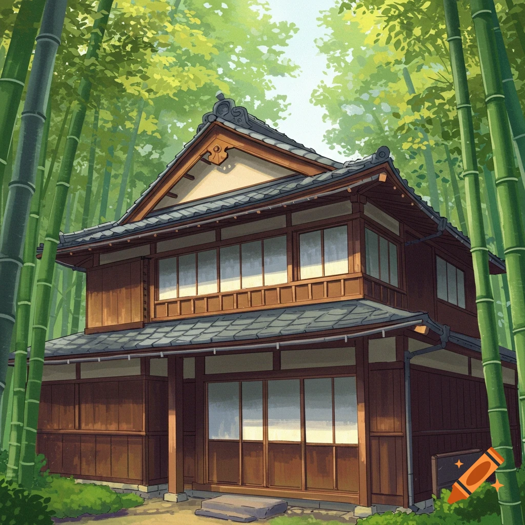 A traditional Japanese house among tall green bamboo.