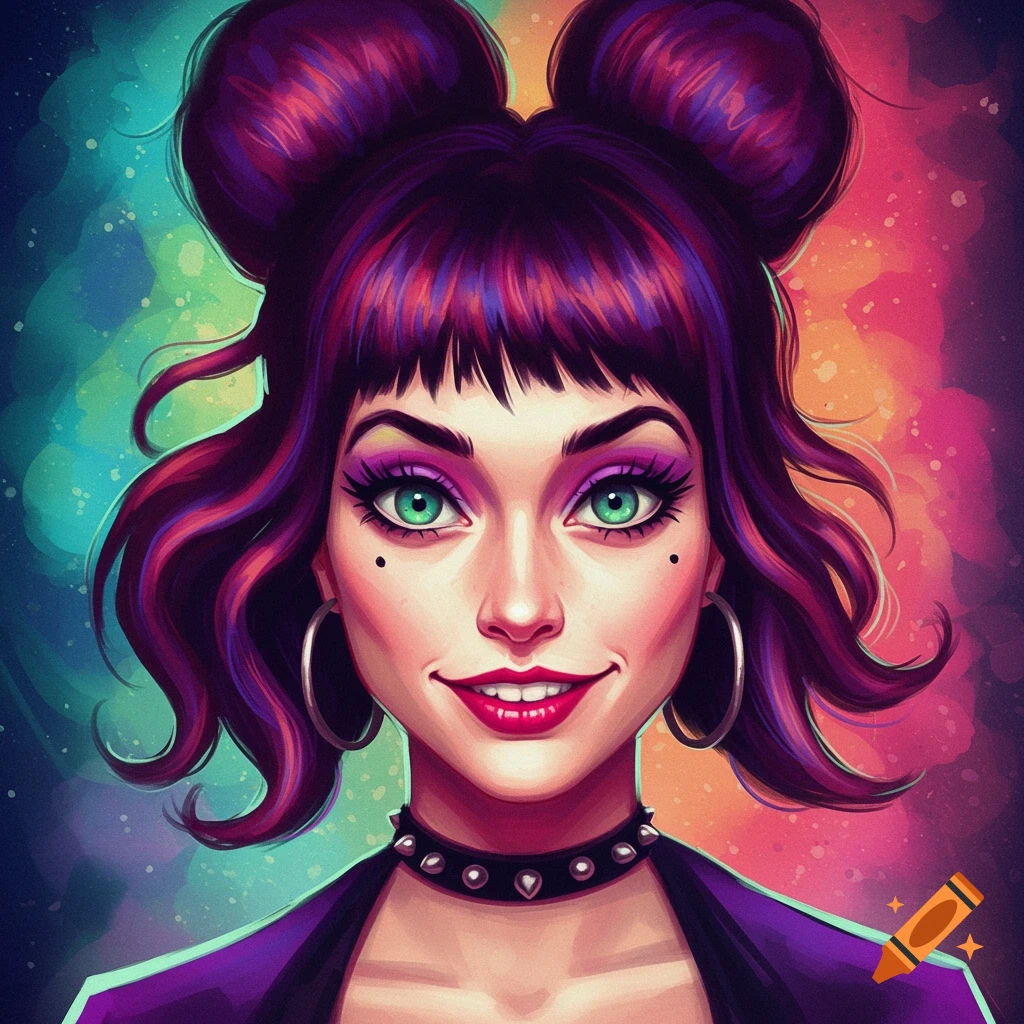 A stylized image of a woman with purple hair in space buns, green eyes, vibrant makeup, a spiked choker, and hoop earrings against a colorful background.