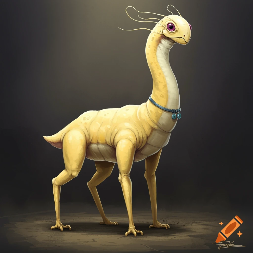 A light yellow fantasy creature with a long neck and collar stands in a field.
