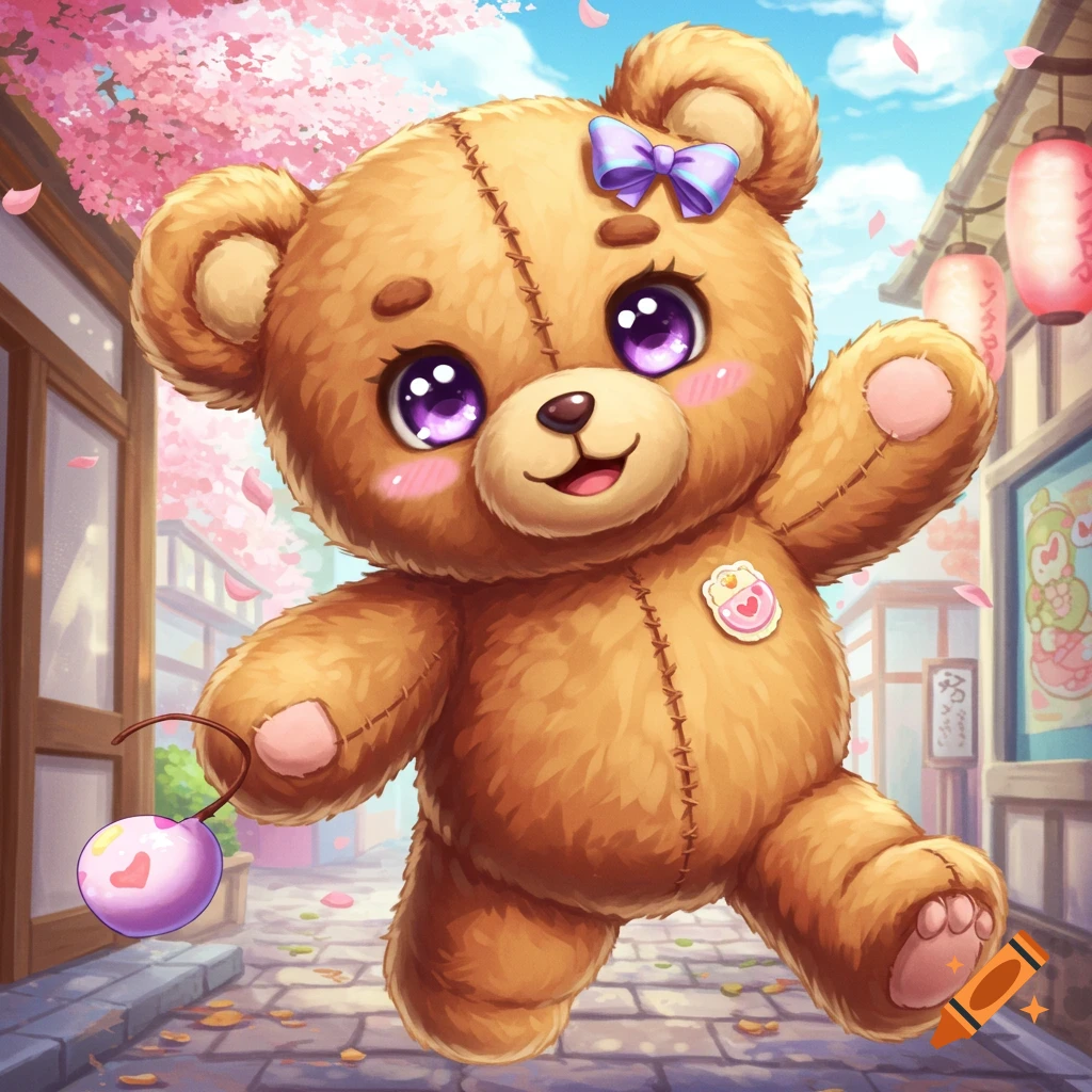 Cute anime teddy bear walks down a street with cherry blossoms.