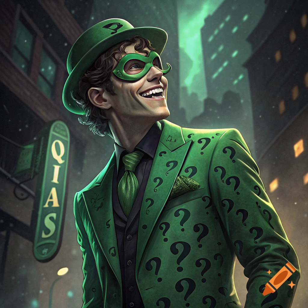 A man dressed as The Riddler smiles and looks up in a stylized city street at night.