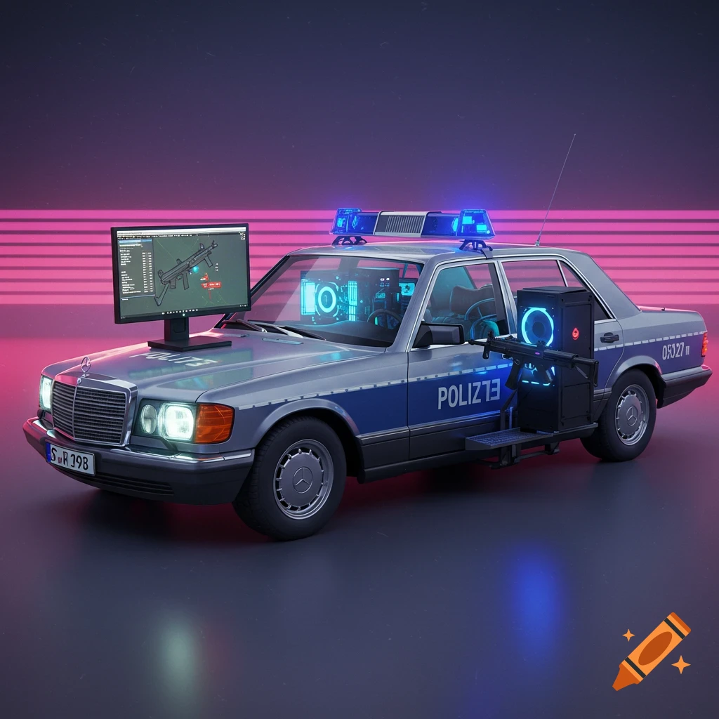 Cyberpunk police car with gaming computer and MP5 weapon against a synthwave background