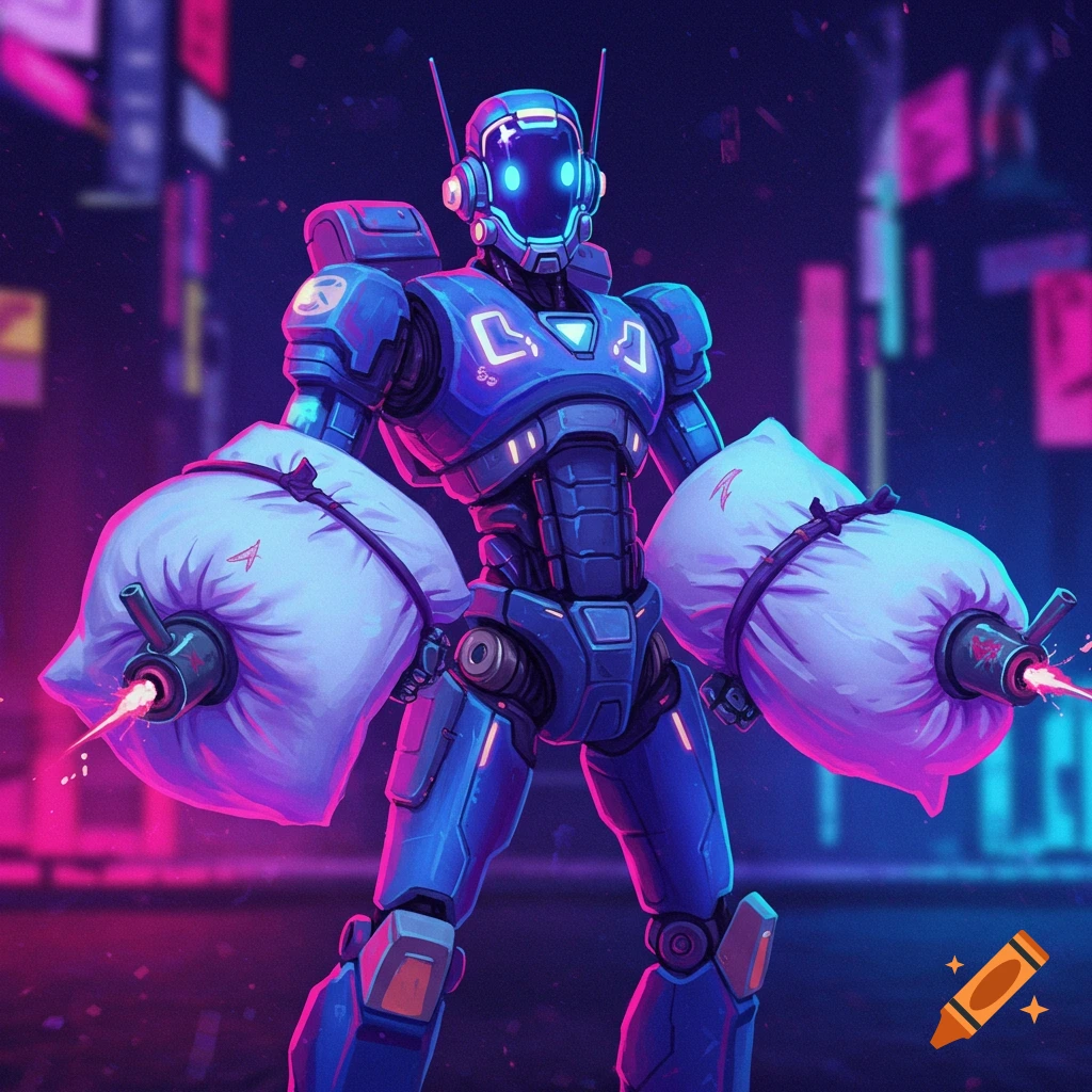 A robot with pillows as guns stands in a cyberpunk street.