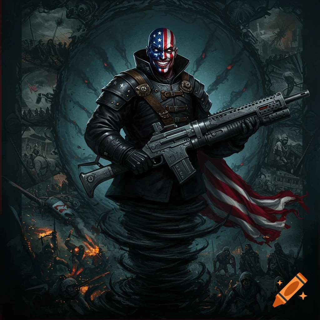 A figure with American flag face paint holds a large gun, rising from a vortex with chaotic background scenes.